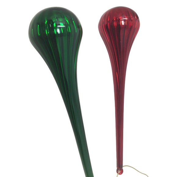 Pair of Blown Art Glass Christmas Ornaments - Long Teardrop  Shape Red and Green - Picture 3 of 4